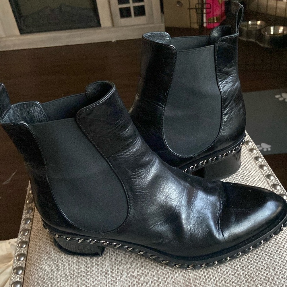 Chanel Classic Black Leather Booties with Chain Detail SZ 42 - USED